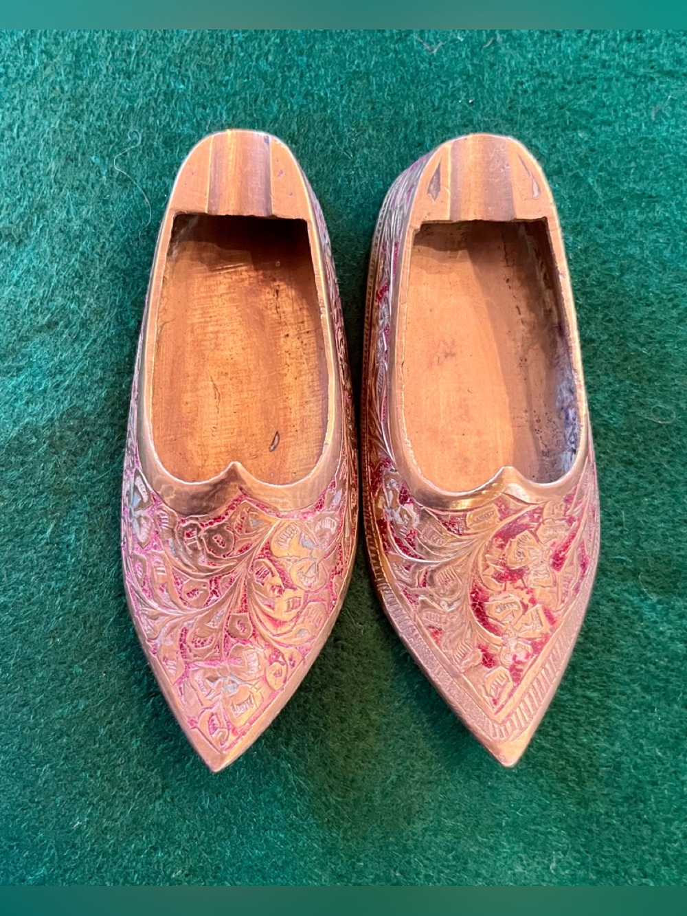 Vintage etched brass slipper shaped ashtray. Set of 2